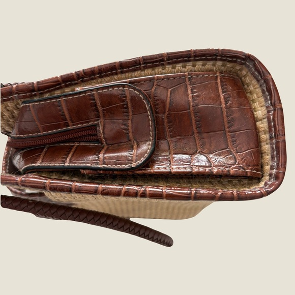 Vintage Leather & Woven Straw Satchel Handbag Croc Trim Engraved Hardware - Picture 5 of 7